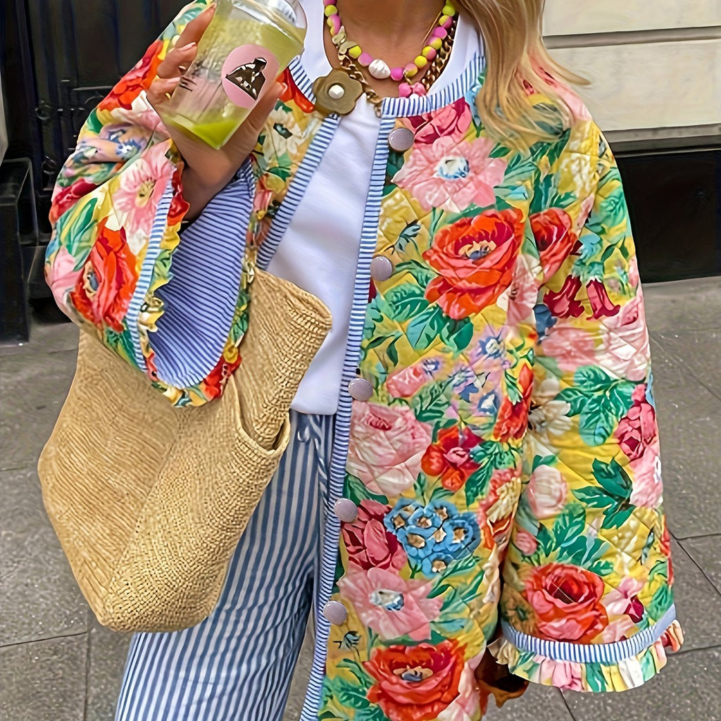 Vibrant Floral Plus Size Blazer with Ruffled Edges