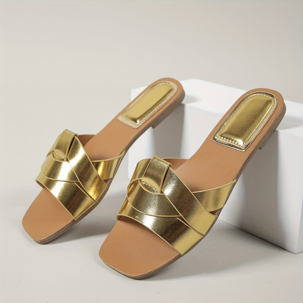 Novidades de Verão 2025 - Sapatos Femininos Casuais Leves para Exterior, Sandálias de Moda com Abertura na Ponta, Chinelos de Praia Minimalistas e Confortáveis, Sandálias Slide Planas para Senhoras e Meninas, Dourado, Nude, Branco e Preto