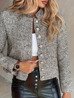 Blazer Feminino de Manga Longa | Jaqueta Top para Mulheres | Design com Botões Dourados | Estilo Cropped | Forrado | Tecido Misturado - Lavável na Máquina - Primavera | Outono | Inverno | Essencial para Todas as Estações | Peça Versátil | Escritório | Viagem - Traje Elegante para Professora