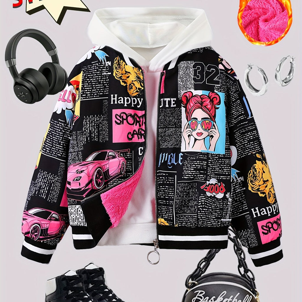 Cozy Pop Art Bomber Jacket for Girls - Fleece Lined