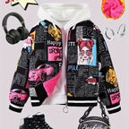 Cozy Pop Art Bomber Jacket for Girls - Fleece Lined