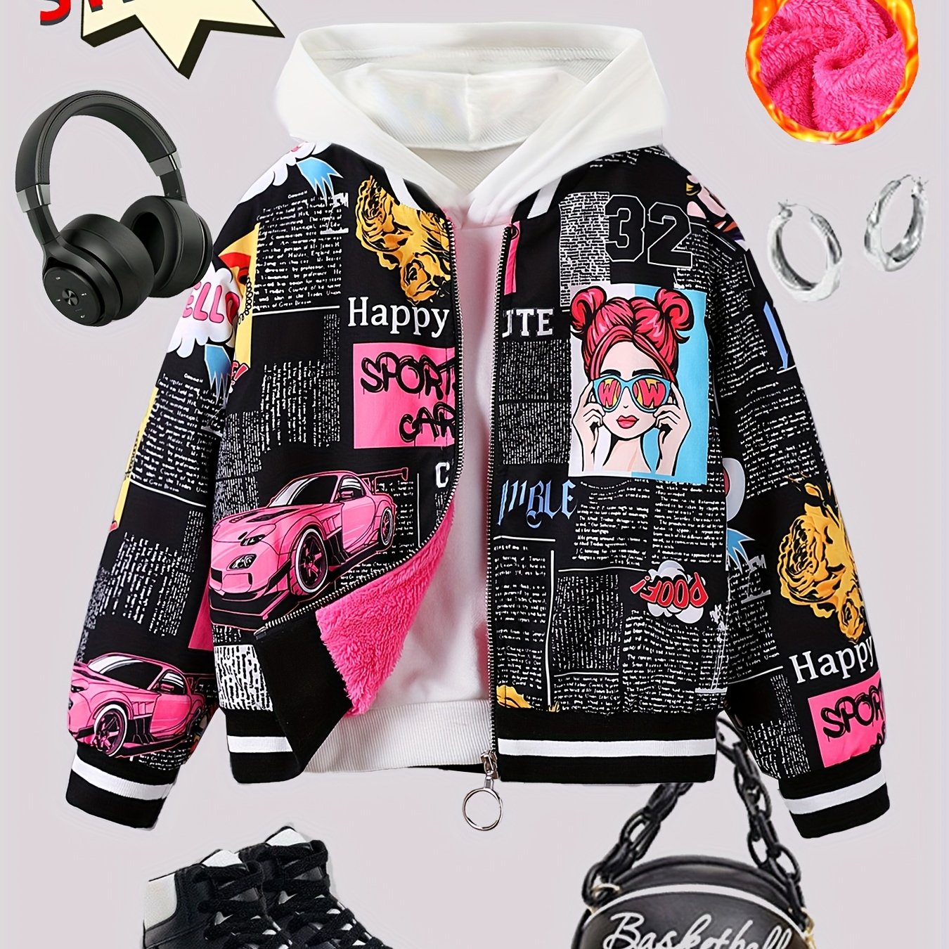 Cozy Pop Art Bomber Jacket for Girls - Fleece Lined
