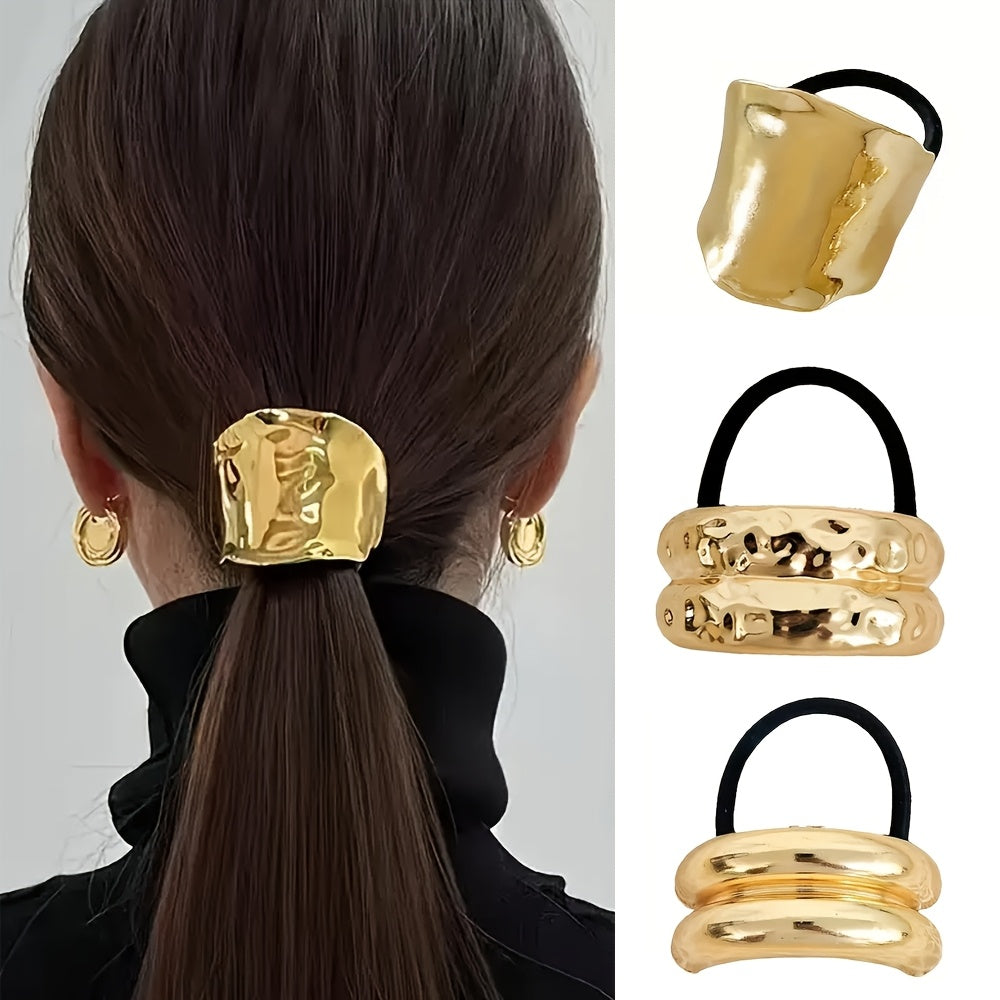 Conjunto de 3 peças de cordão de cabelo oco em liga dourada, design elegante e minimalista com detalhe de renda, cor sólida, para o festival de Natal, adequado para idades a partir dos 14 anos.