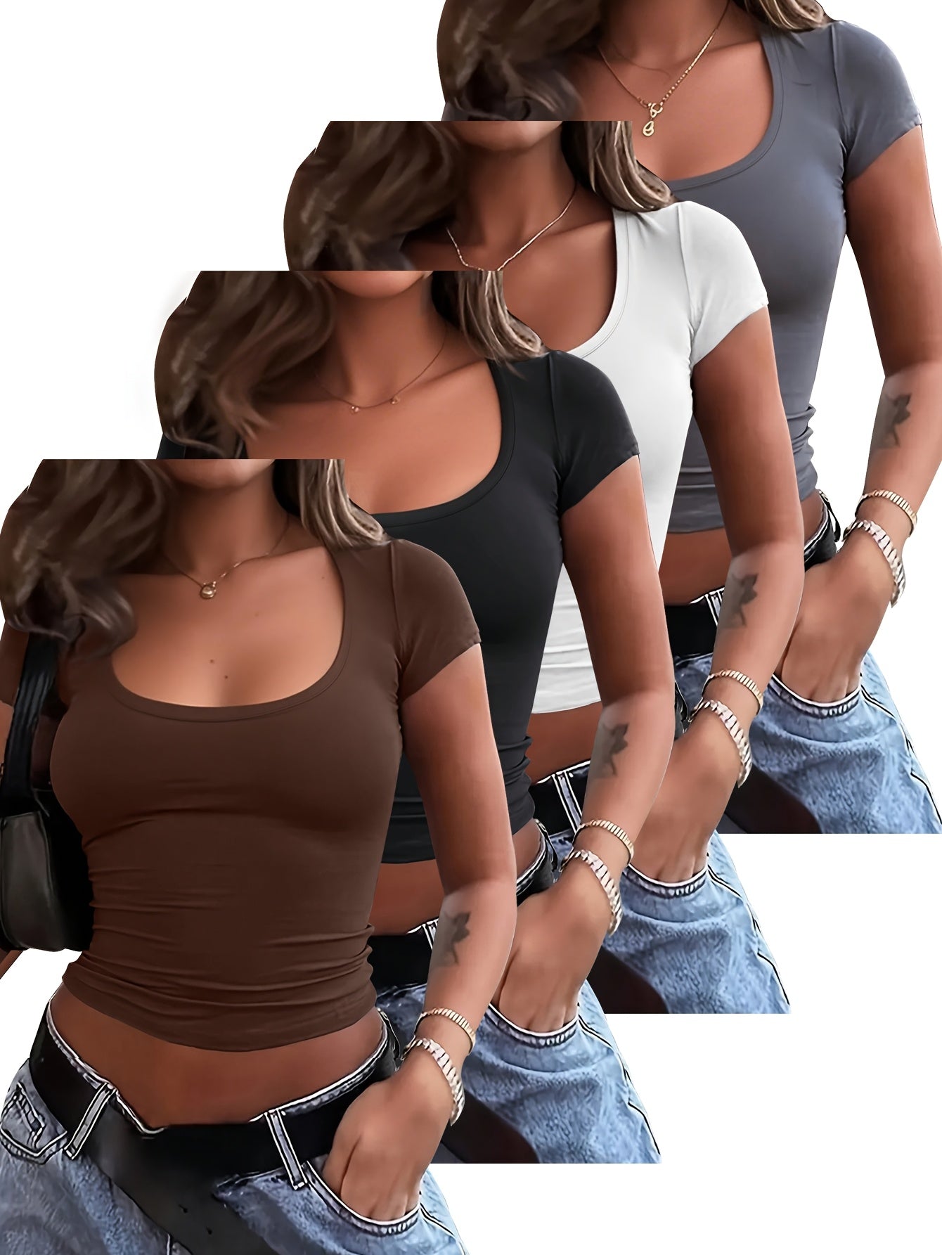 4 peças de camisetas de manga curta para mulheres - Tops curtos de cor sólida com decote em U, Tops de verão casuais elásticos em branco, preto, marrom e cinza, Versáteis para atuário casual, Blusas de top curto