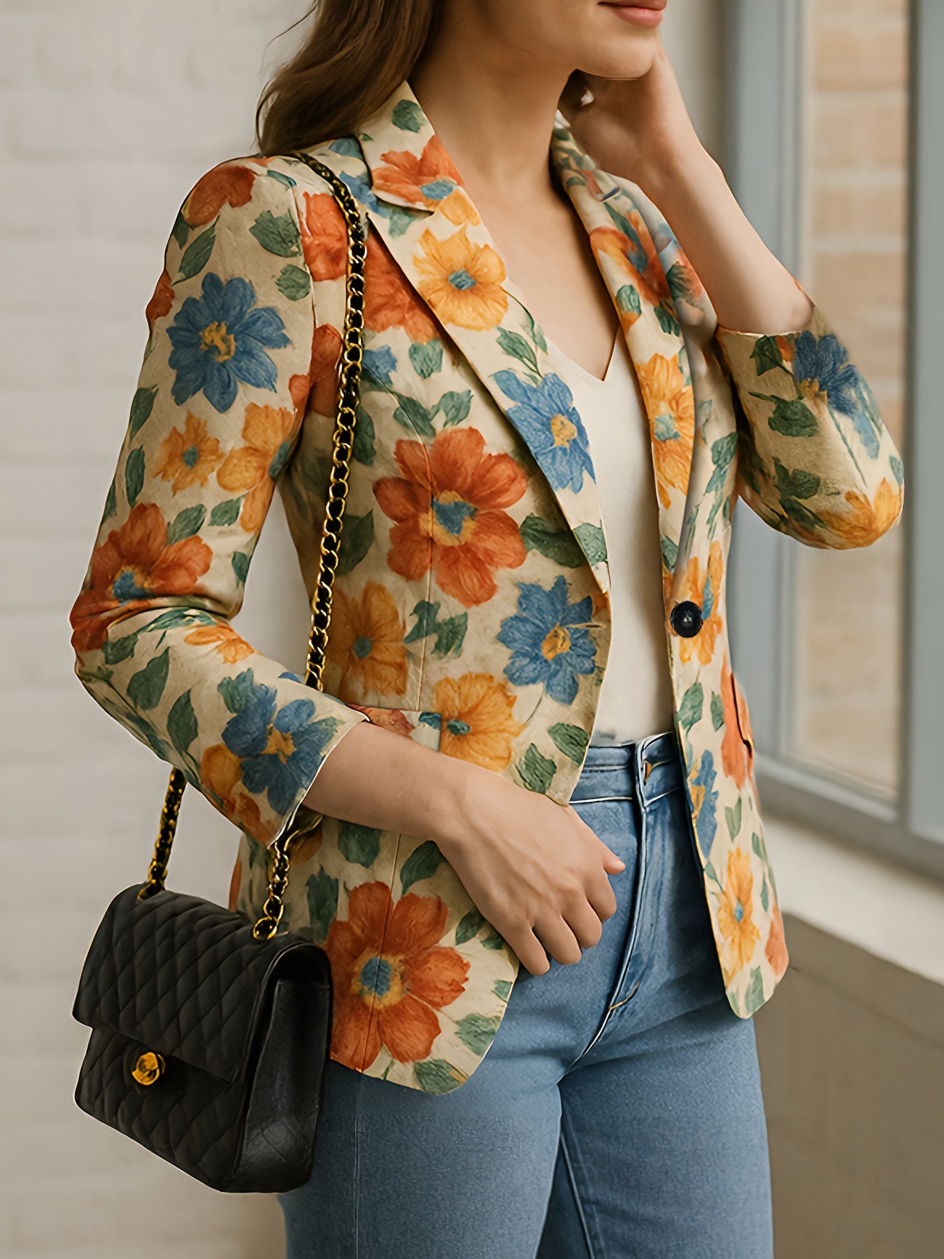 Chic e Elegante, esta Blazer elegante apresenta um único botão e um estampado floral.