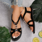 Sandálias rasas decoradas com strass para mulheres, sapatos de verão de bico aberto na moda, sandálias leves com tira no tornozelo