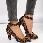 Salto bloco feminino, bombas elegantes de cor sólida, saltos com tira de fivela da moda