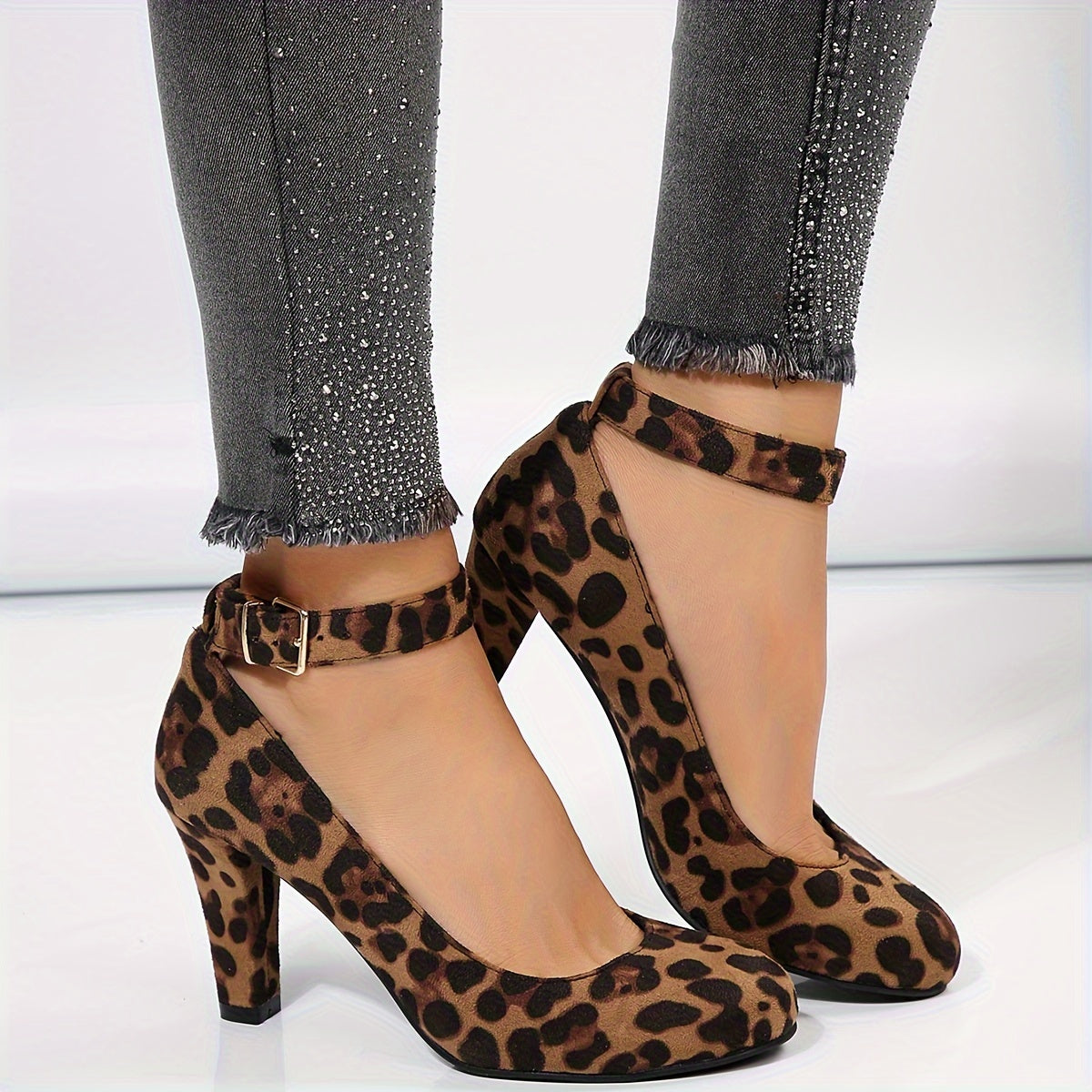 Salto bloco feminino, bombas elegantes de cor sólida, saltos com tira de fivela da moda