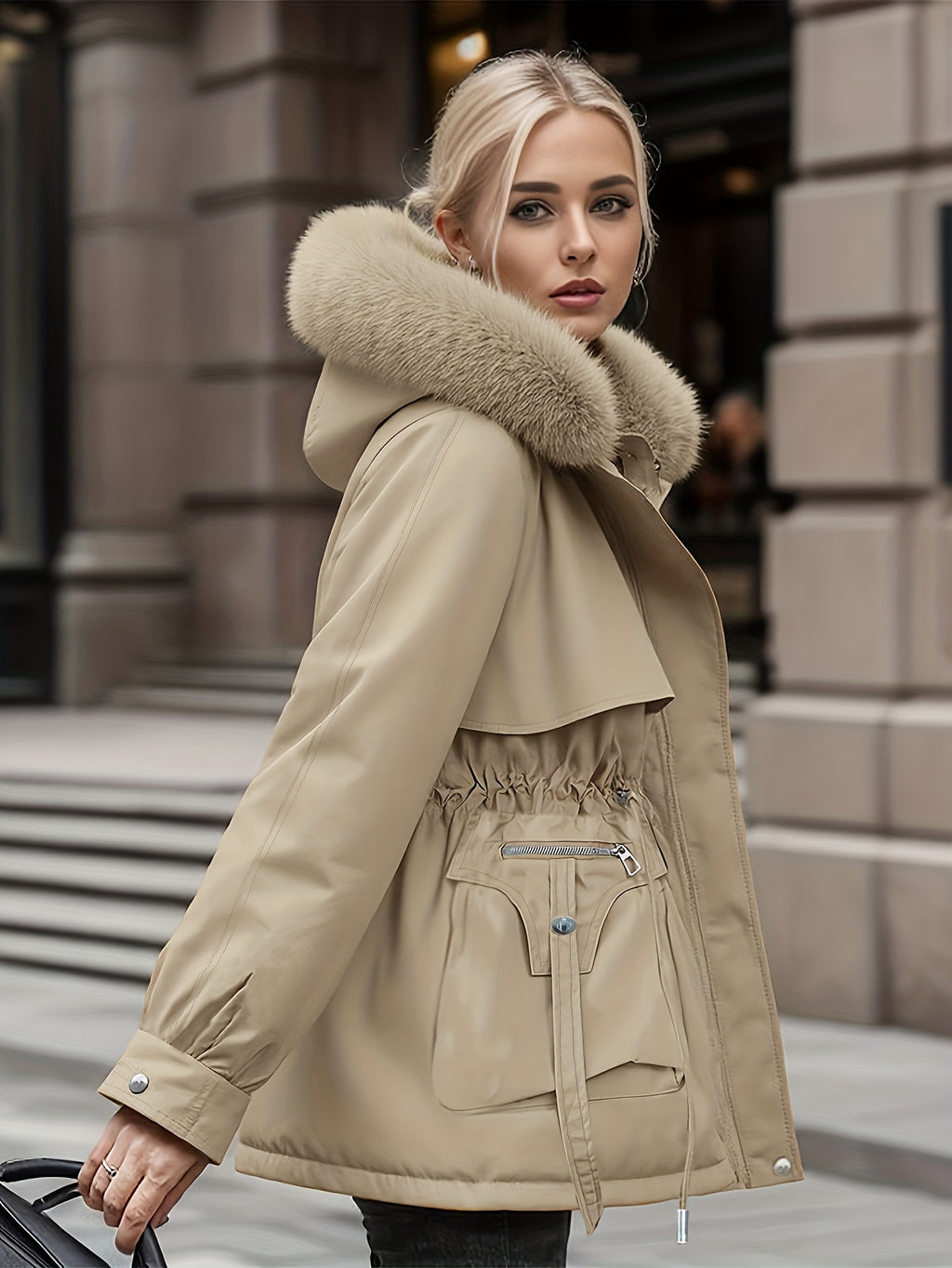 Casaco Térmico de Inverno para Mulher com Forro de Lã e Fecho Completo - Roupa Exterior Resistente para Clima Frio, Fecho Frontal de Correr de Comprimento Total, Capuz Ajustável com Cordão e Bolsos Grandes - Cor Sólida Lavável na Máquina para Uso Diário e Exterior