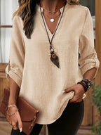 Camisa de Imitação de Denim Cinza Claro Plus Size Feminina - Blusa Elegante Casual de Manga Longa e Gola Redonda, Lavável à Máquina para Primavera/Verão, Design Minimalista, Textura Semelhante a Linho, Tecido Não Transparente, Combinável com Leggings, Material Respirável, Estilosa