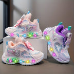 Tênis Brilhantes com Asas Iluminadas para Meninas - Fivelas Giratórias e Solas Luminosas - Sapatos de Inverno Baixos e Quentes Rosa/Branco, PU, para Corrida ao Ar Livre, Presentes de Natal ('Botas Mágicas para Caminhar')