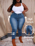 Jeans Justos Elásticos Plus Size para Mulher - Calças Elásticas Não Transparentes com Fecho de Zíper Incorporado, Roupa para Todos os Dias e Formais para Todas as Estações - Jeans K.1978 para Mulher