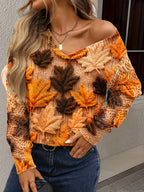 Plus Size, Suéter Vintage Bohemio com Estampa de Folha de Bordo, Decote em V, Manga Longa Vazada para Mulheres Plus Size, Outono Inicial