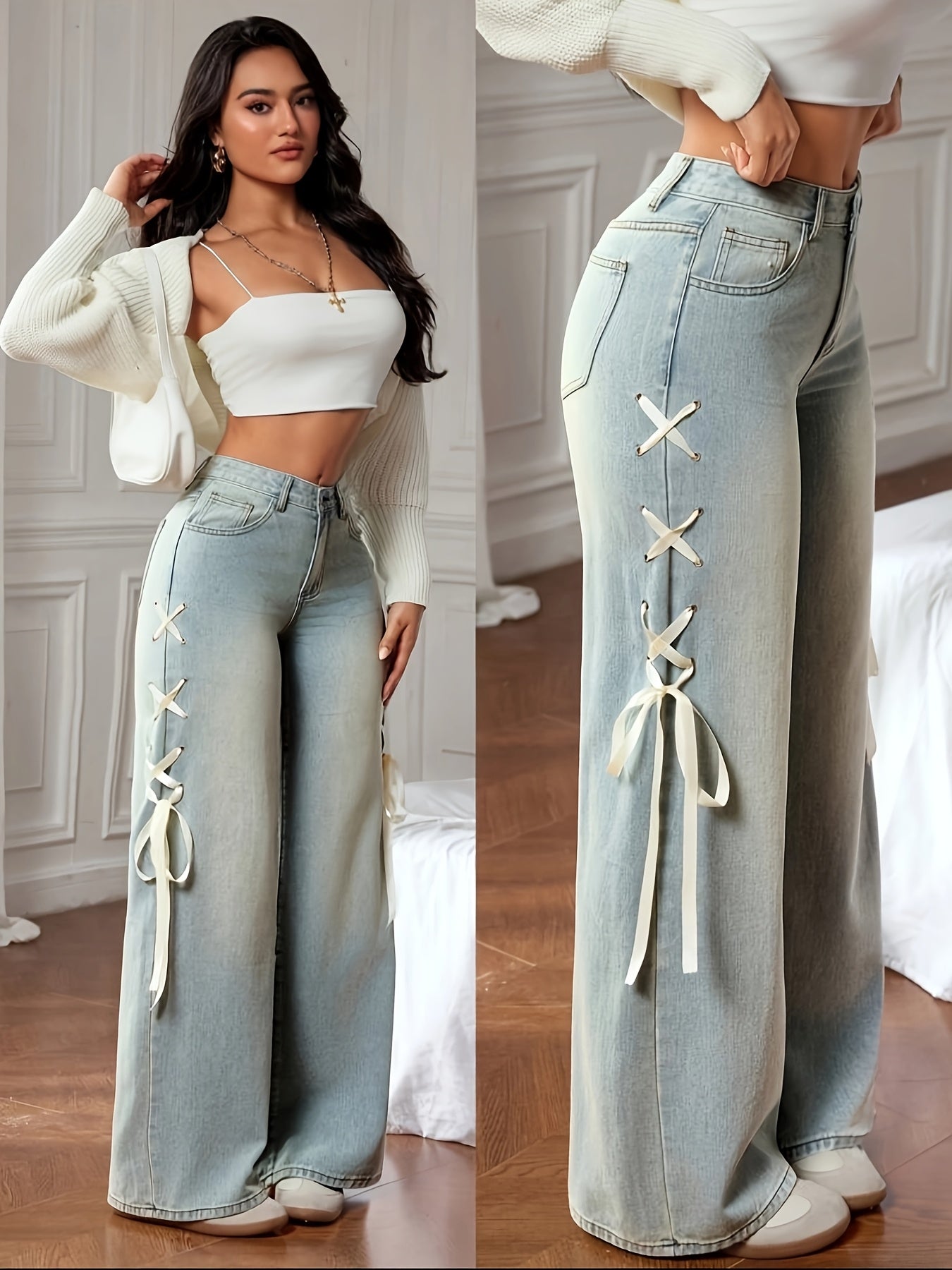 Calças Jeans AW25 de Cintura Alta e Perna Larga para Mulheres, Calças Casuais Roupas Desgastadas e Folgadas