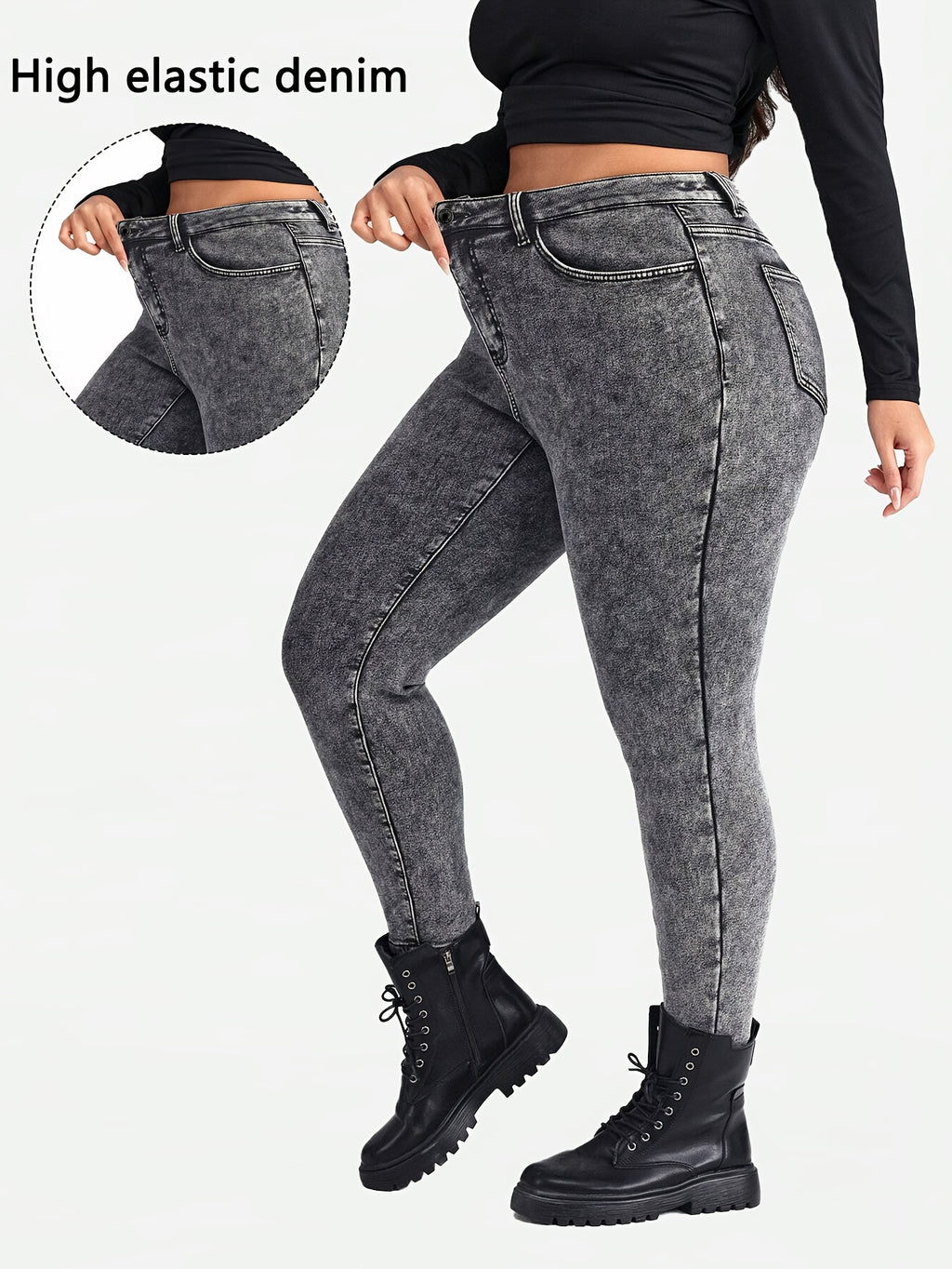 Calças Skinny Plus Size Cinza com Estampa de Floco de Neve e Elástico