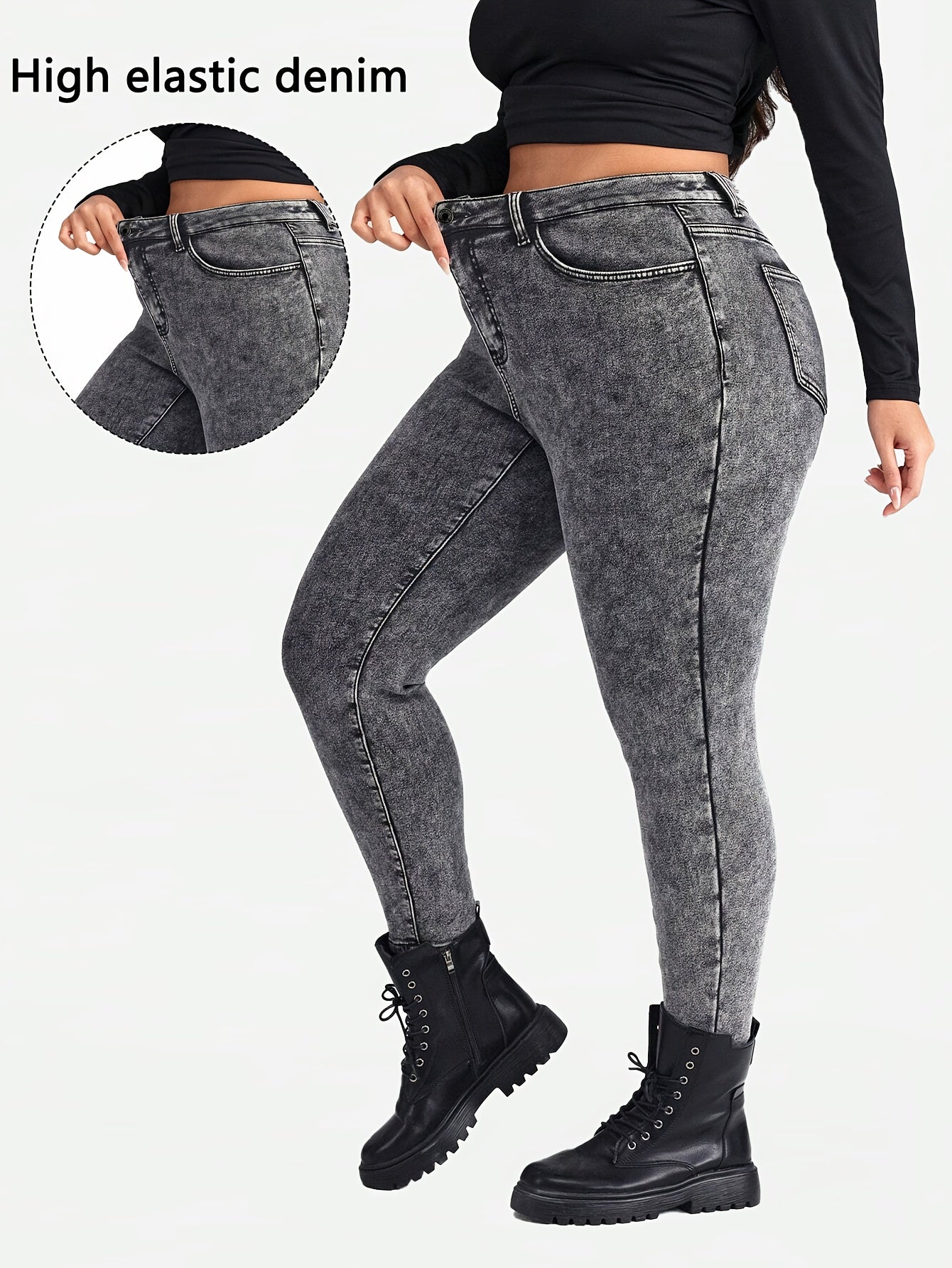 Calças Skinny Plus Size Cinza com Estampa de Floco de Neve e Elástico