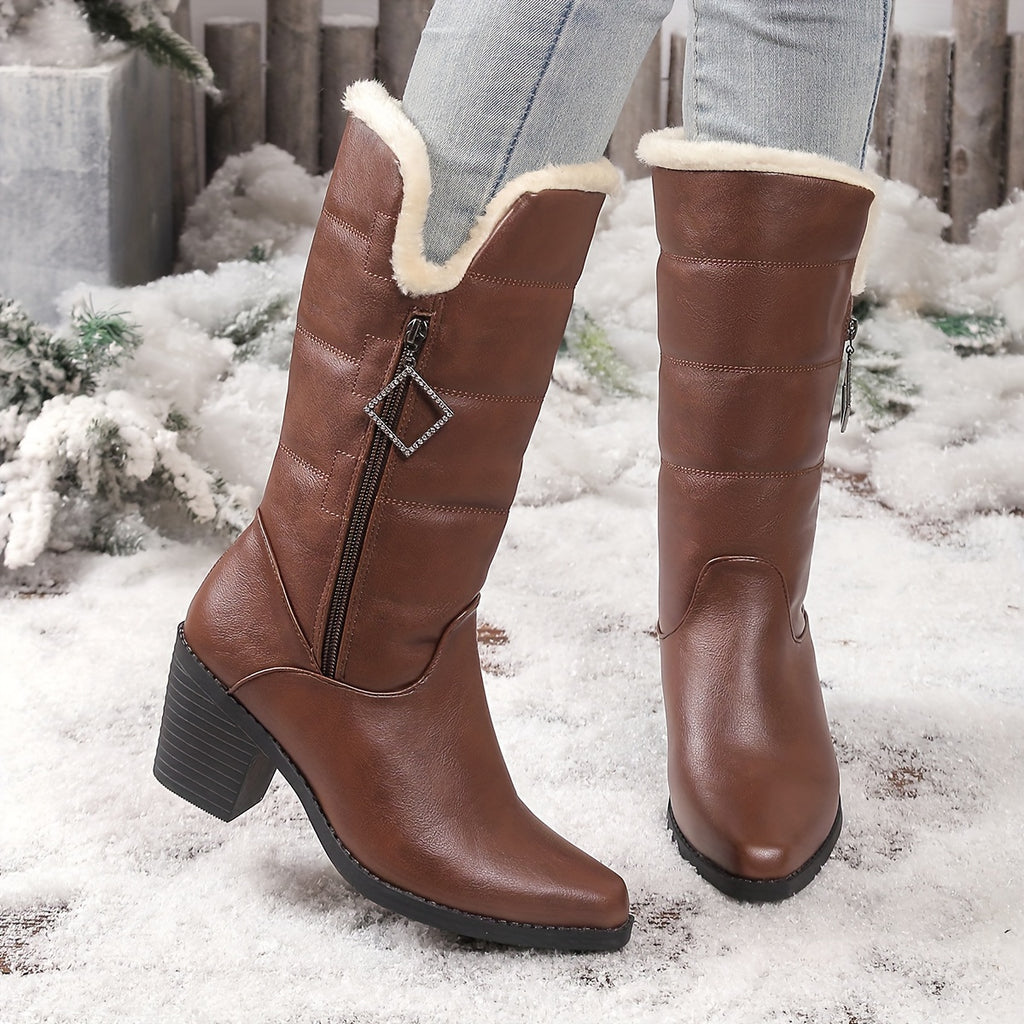 Botas Femininas de Inverno 2025 com Salto Grosso e Zíper Lateral em Cor Sólida