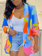 Blazer Casual Plus Size Tie-Dye Vibrante para Mulheres - Leve, Poliéster, Lavável à Máquina com Gola de Lapela e Detalhe de Bolso Falso, Perfeito para Outono/Inverno, Blazer Casual|Terno Tieye Vibrante|Blazer de Poliéster, Blazer Plus Size