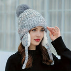 Gorro de Inverno Feminino em Fleece com Abas Desmontáveis e Pom-Pom - Fechamento Elástico por Cordão, Branco/Preto/Cinza/Bege- - Gorro Quente para Esqui, Snowboarding, Atividades ao Ar Livre no Tempo Frio