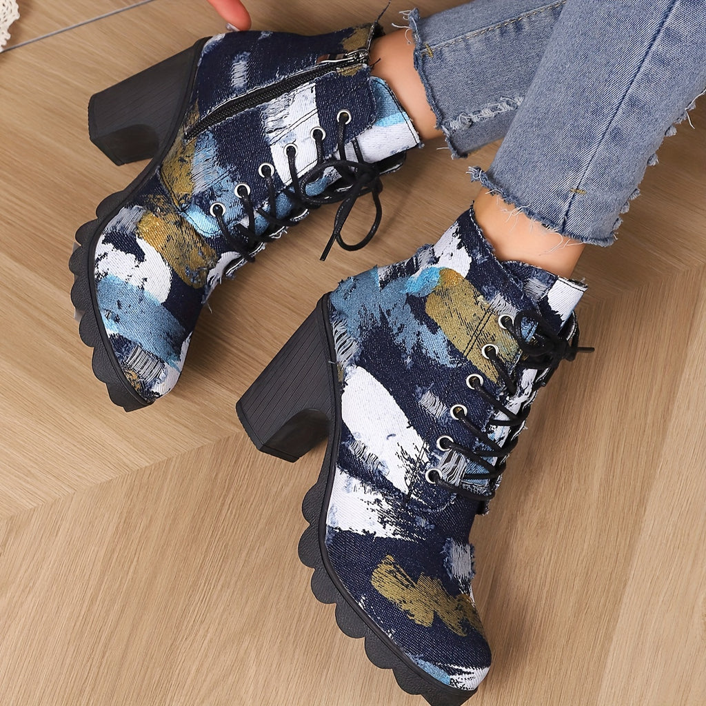 Botas de Tecido Estilo Desgastado para Mulheres com Salto Médio Robusto, Zíper Lateral & Bico Redondo - Botas Tornozelo Versáteis do Casual ao Formal, Disponíveis em Largura Ampliada