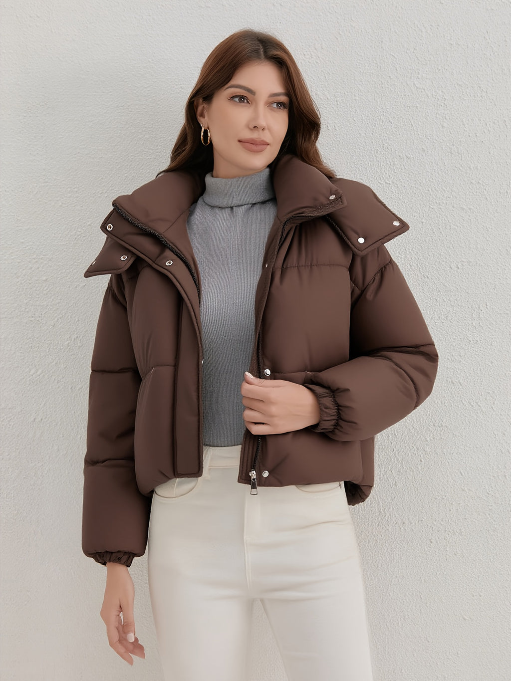 Casaco Leve com Capuz para Mulher - Casaco de Inverno Quente com Fecho de Zíper Completo, Gola Alta, Exterior - Roupa Exterior de Fácil Cuidado para Clima Frio para Uso Diário e Formal, Casaco de Inverno, Roupa Casual de Inverno, Design de Gola Alta, Roupa de Inverno Durável, Moda de Outono