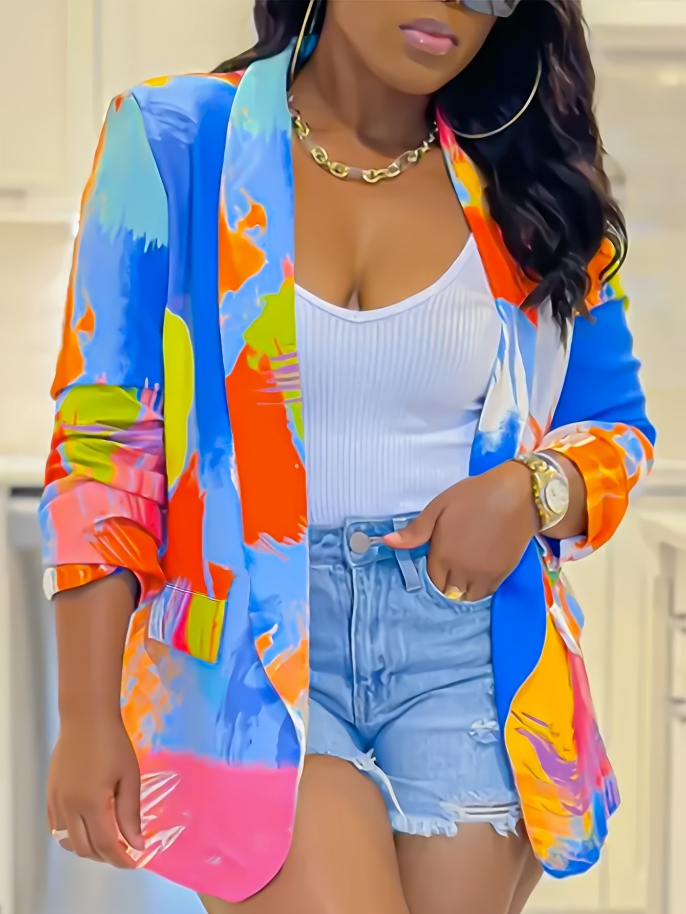 Blazer Casual Plus Size Tie-Dye Vibrante para Mulheres - Leve, Poliéster, Lavável à Máquina com Gola de Lapela e Detalhe de Bolso Falso, Perfeito para Outono/Inverno, Blazer Casual|Terno Tieye Vibrante|Blazer de Poliéster, Blazer Plus Size