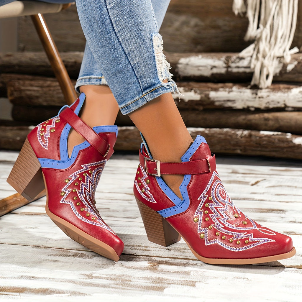 Botas de salto grosso com decoração de contas douradas para mulheres, design de fivela de moda, botas de tornozelo confortáveis para mulheres