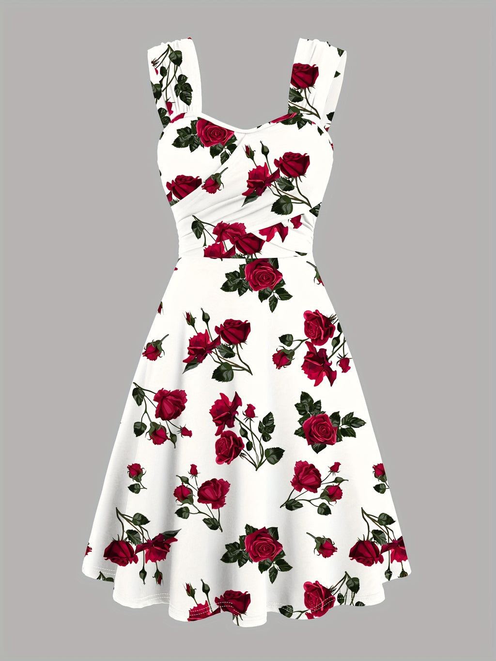 Vestido Feminino com Estampa de Rosa Vermelha e Ombros Descobertos com Alças Cruzadas à Frente & Franzidos - Vestido Elegante Casual em Linha A para Primavera Verão Outono, Moda Sazonal | Material Não Transparente, Vistosos