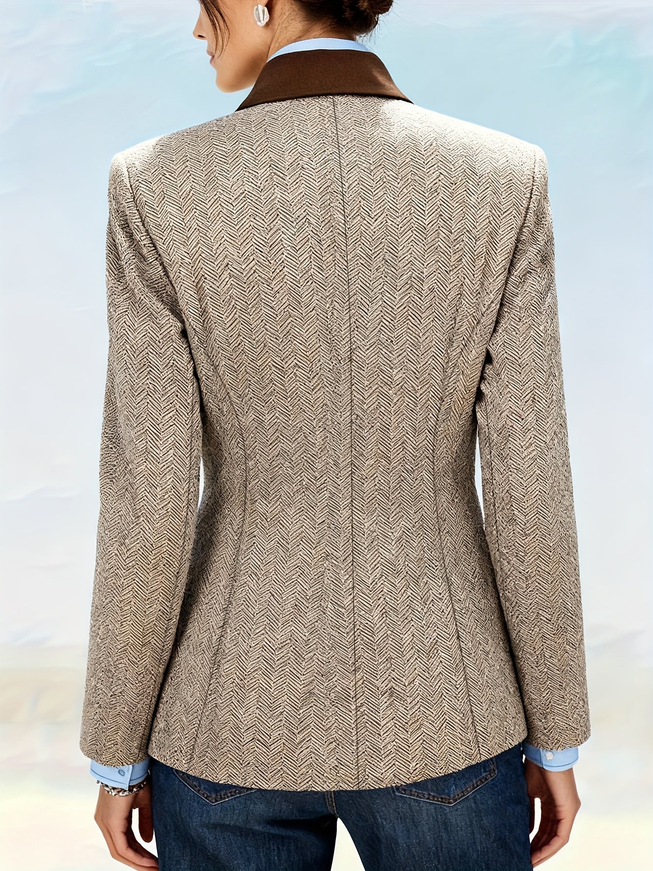 Jaqueta Blazer Elegante com Lapela em Formato H - Clássico de Um Botão, Gola Lapealada e Listras Marrom/Bege, Detalhes Brancos & Butões Dourados - Lavável à Máquina para Inverno, Escritório Formal (Sem Cinto)