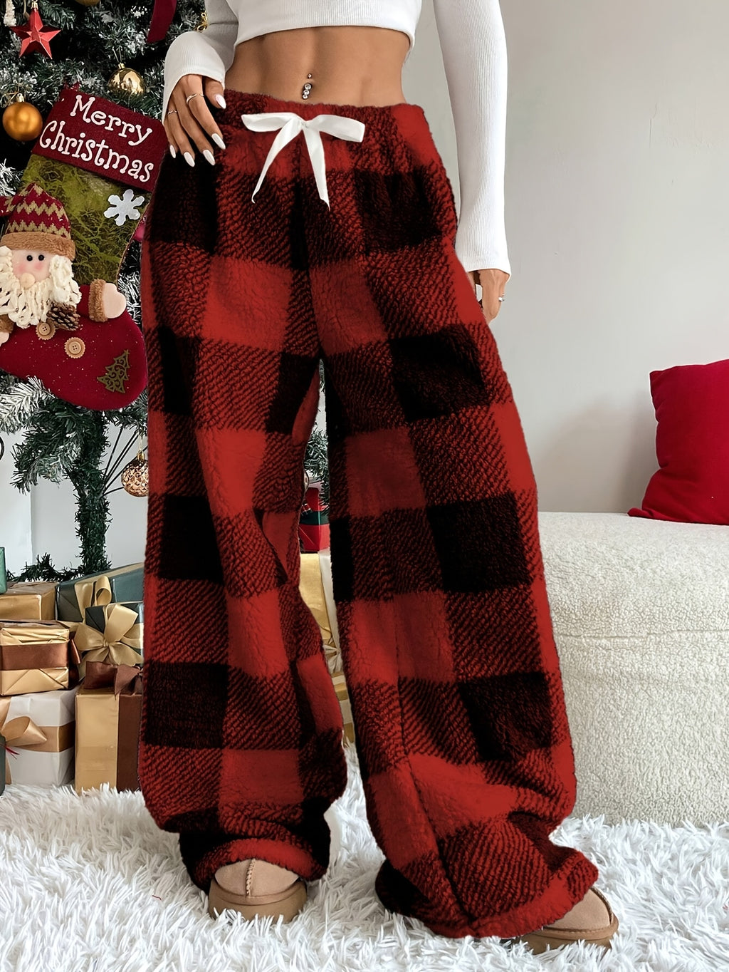 Calças de Inverno Femininas de Perna Larga com Cintura Elástica - Calças Maxi Xadrez, Calças Confortáveis e Quentes para Outono/Inverno, Laváveis na Máquina