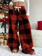 Calças de Inverno Femininas de Perna Larga com Cintura Elástica - Calças Maxi Xadrez, Calças Confortáveis e Quentes para Outono/Inverno, Laváveis na Máquina