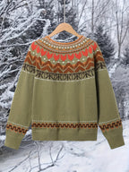 Camisola elegante de gola redonda para mulheres, em tecido de malha de poliéster 100%, com design de bloco de cores em patchwork para outono/inverno, peso de 350g/m², estilo casual para férias.