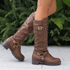 Botas de cavaleiro para mulheres - Botas de cano alto com plataforma grossa, cobertura de imitação para todas as estações, botas de cowboy para uso diário e formal - Tamanhos estendidos disponíveis - Sola de borracha antiderrapante fácil de limpar - Calçado de moda europeu/americanas, botas de cowgirl, calçado versátil, design de bique redondo, construção durável, uso casual, forro confortável, uso de escritório, calçado elegante, lavável à mão, escolha de botas fabulosas, bique, calçado acess