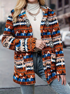 Casaco de Fleece com Capuz e Estampa Geométrica Asteca para Mulheres - Jaqueta Casual de Comprimento Médio com Bolsos Frontais, Lavável à Máquina & Fechamento de Botão Único para Passeios de Outono/Inverno, Moda de Outono, Design Étnico, Calor Duradouro