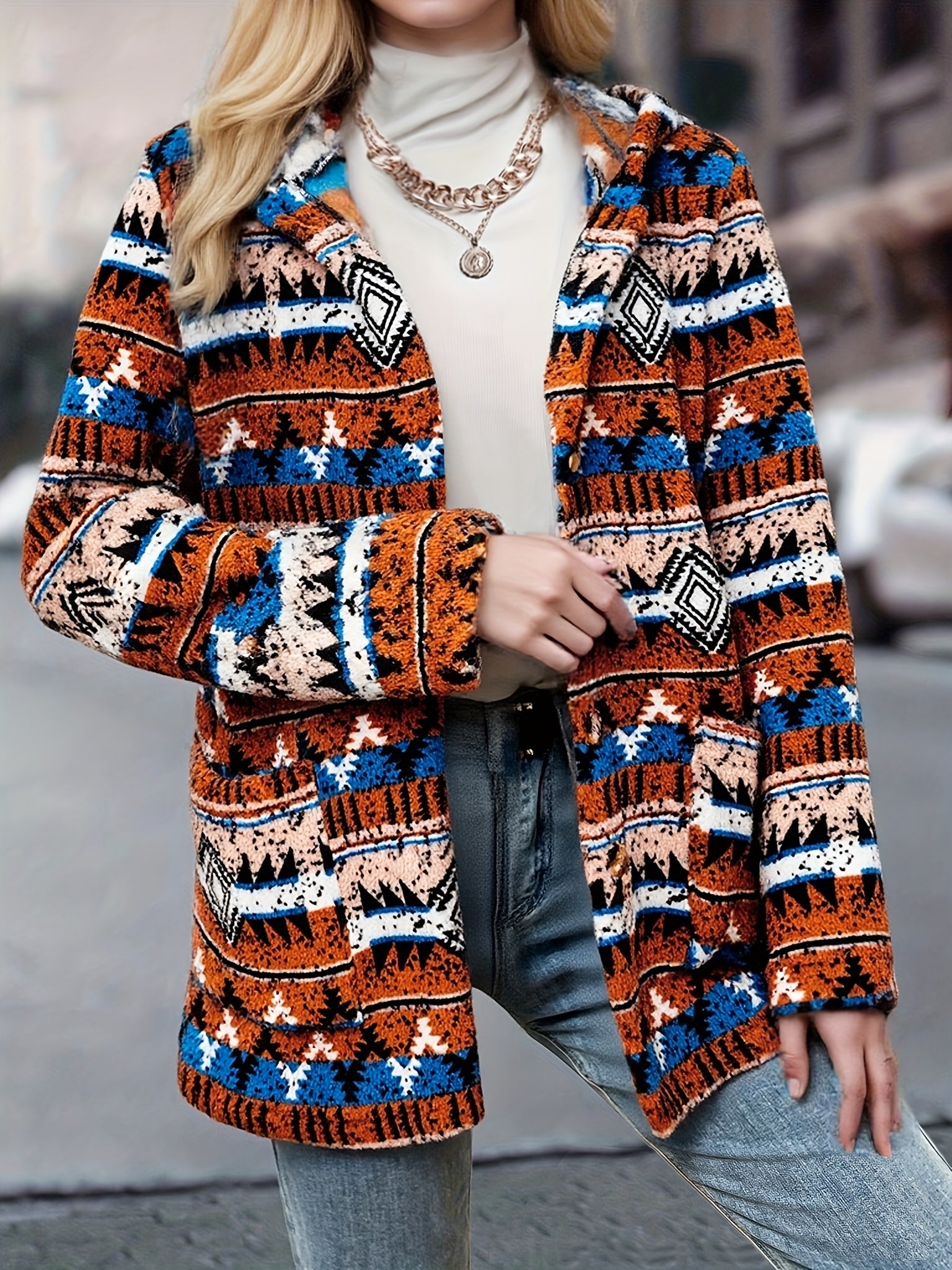 Casaco de Fleece com Capuz e Estampa Geométrica Asteca para Mulheres - Jaqueta Casual de Comprimento Médio com Bolsos Frontais, Lavável à Máquina & Fechamento de Botão Único para Passeios de Outono/Inverno, Moda de Outono, Design Étnico, Calor Duradouro