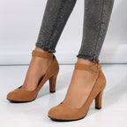 Salto bloco feminino, bombas elegantes de cor sólida, saltos com tira de fivela da moda