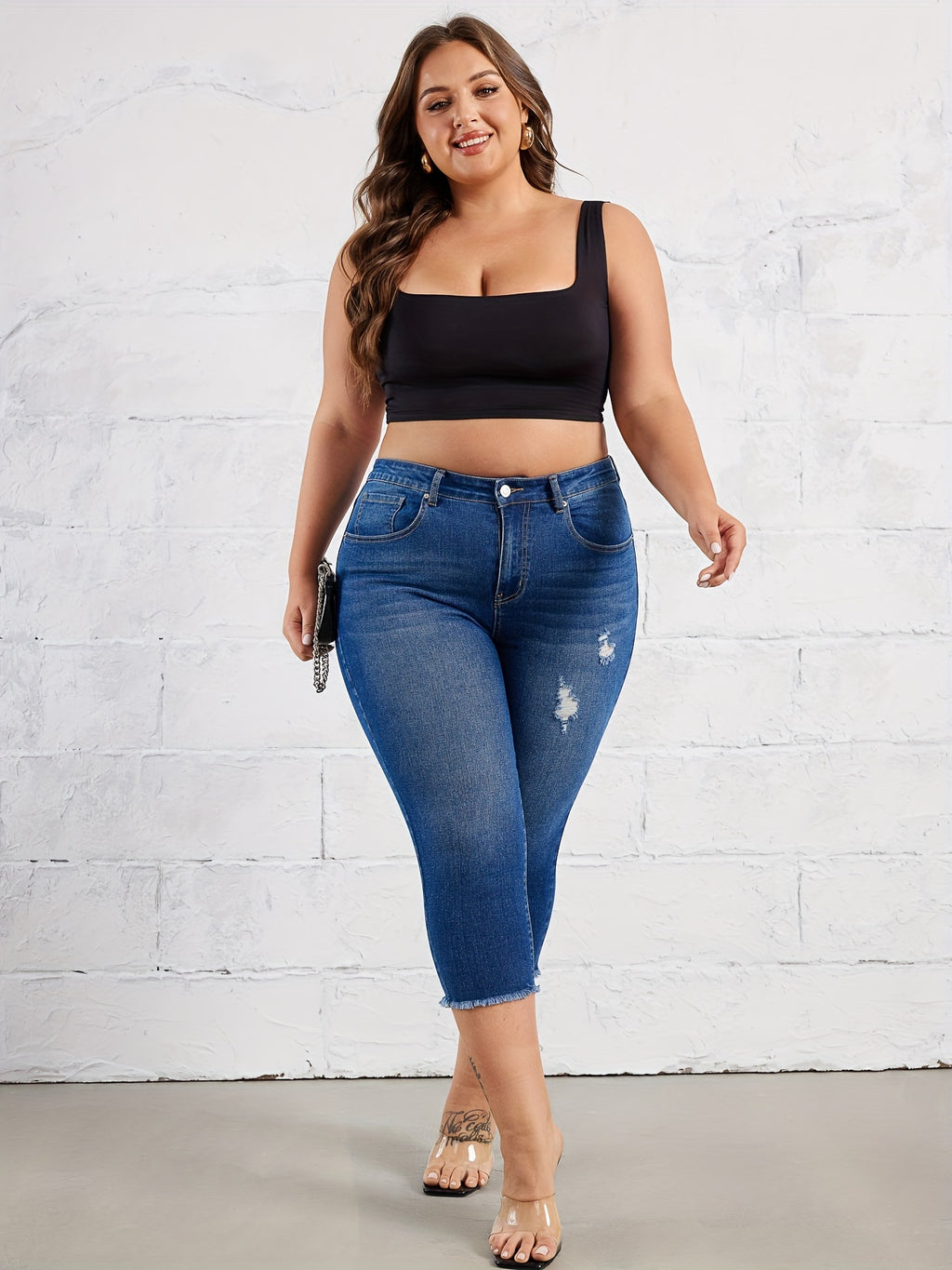 Calças Capri Elásticas para Mulheres - Estilo Urbano, Cor Sólida, Comprimento Médio com Bordas Desfiadas, Cintura Perforada e Zíper Interno, Ajuste Regular, Adequado para Todas as Estações