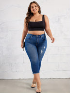 Calças Capri Elásticas para Mulheres - Estilo Urbano, Cor Sólida, Comprimento Médio com Bordas Desfiadas, Cintura Perforada e Zíper Interno, Ajuste Regular, Adequado para Todas as Estações