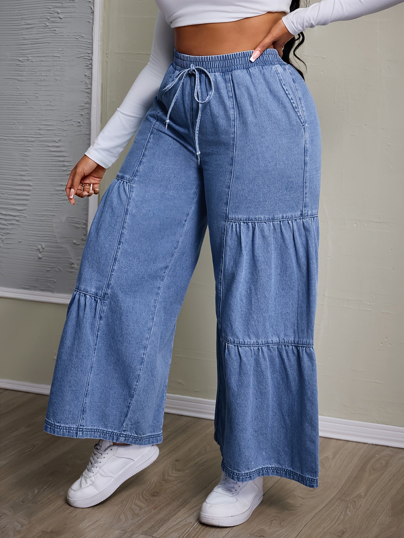 Calças Jeans Femininas de Cintura Alta e Perna Larga sem Elasticidade com Fivela de Cinto e Bolsos - Bainha com Babado para Todas as Estações, do Casual ao Formal, Resistente a Rugas (Lavagem Manual Apenas) - Leggings com Comprimento de Jeans