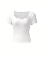 4 peças de camisetas de manga curta para mulheres - Tops curtos de cor sólida com decote em U, Tops de verão casuais elásticos em branco, preto, marrom e cinza, Versáteis para atuário casual, Blusas de top curto