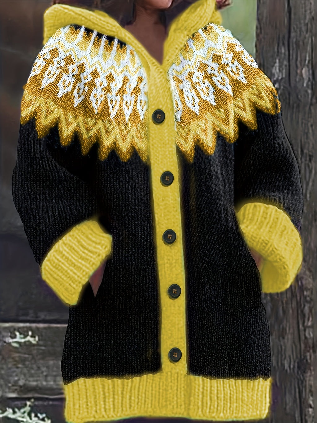 Casaco Plus Size Feminino de Inverno, Elegante com Capuz, Jacquard Macio e Grosso em Degradê de Montanha e Geleira, Tie-Dye, Confortável e Casual, Cardigan Vintage para Presente ou Dia a Dia