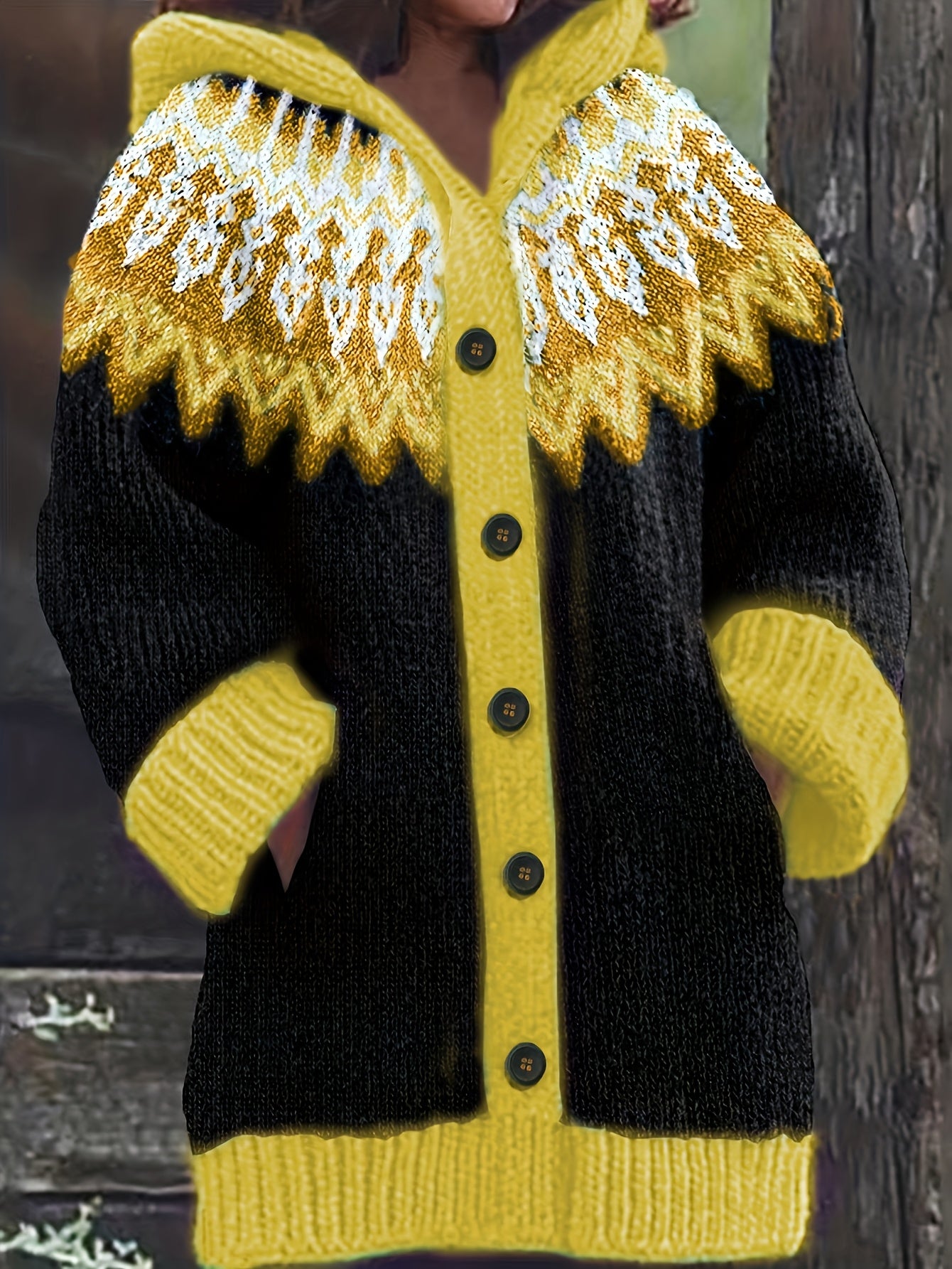 Casaco Plus Size Feminino de Inverno, Elegante com Capuz, Jacquard Macio e Grosso em Degradê de Montanha e Geleira, Tie-Dye, Confortável e Casual, Cardigan Vintage para Presente ou Dia a Dia