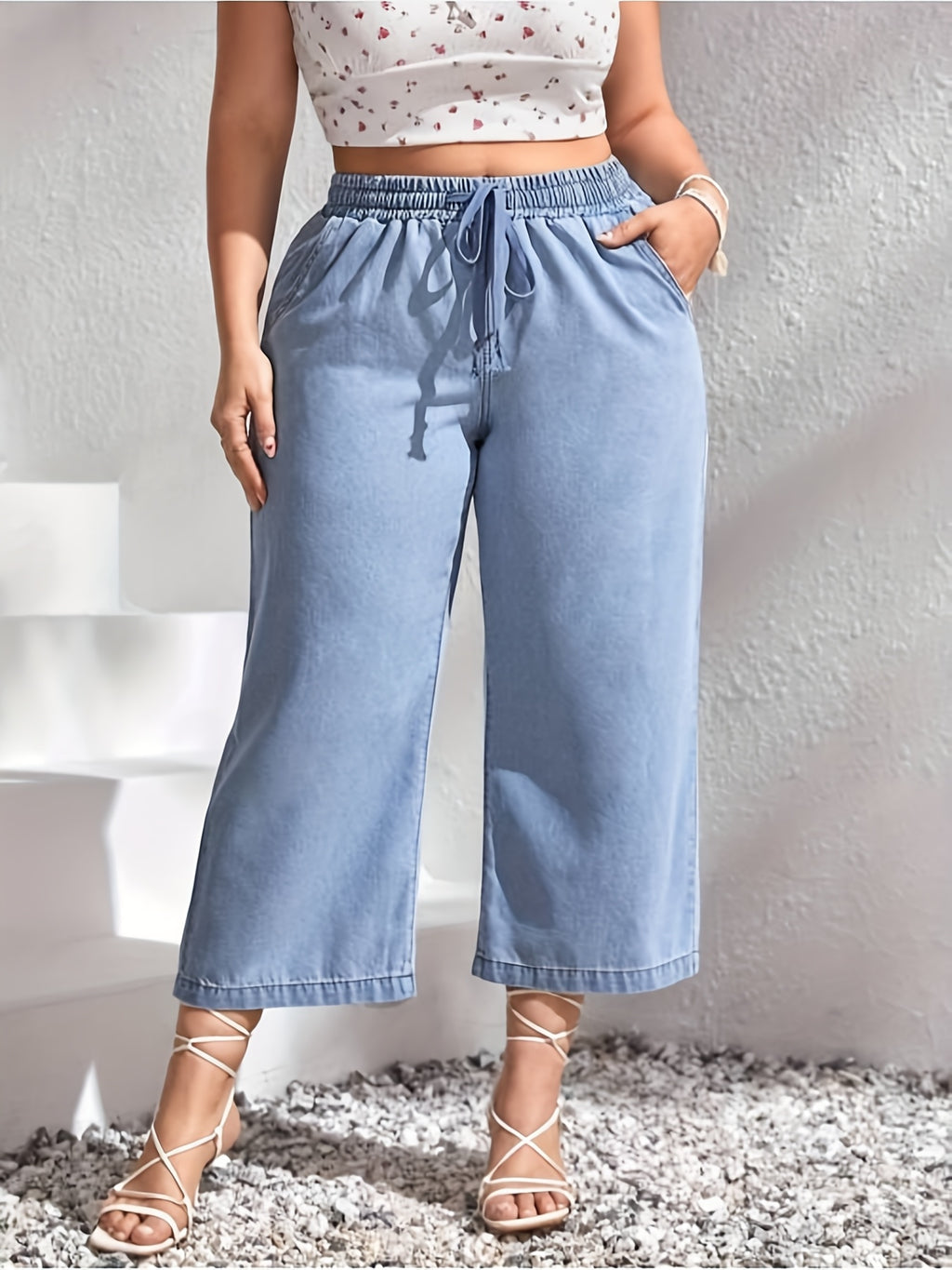 Calças de ganga largas de tamanho grande para mulheres com cintura ajustável - Estiramento médio, cor sólida, ajuste confortável para todas as estações, roupa casual | Calças de estilo casual | Tecido elástico