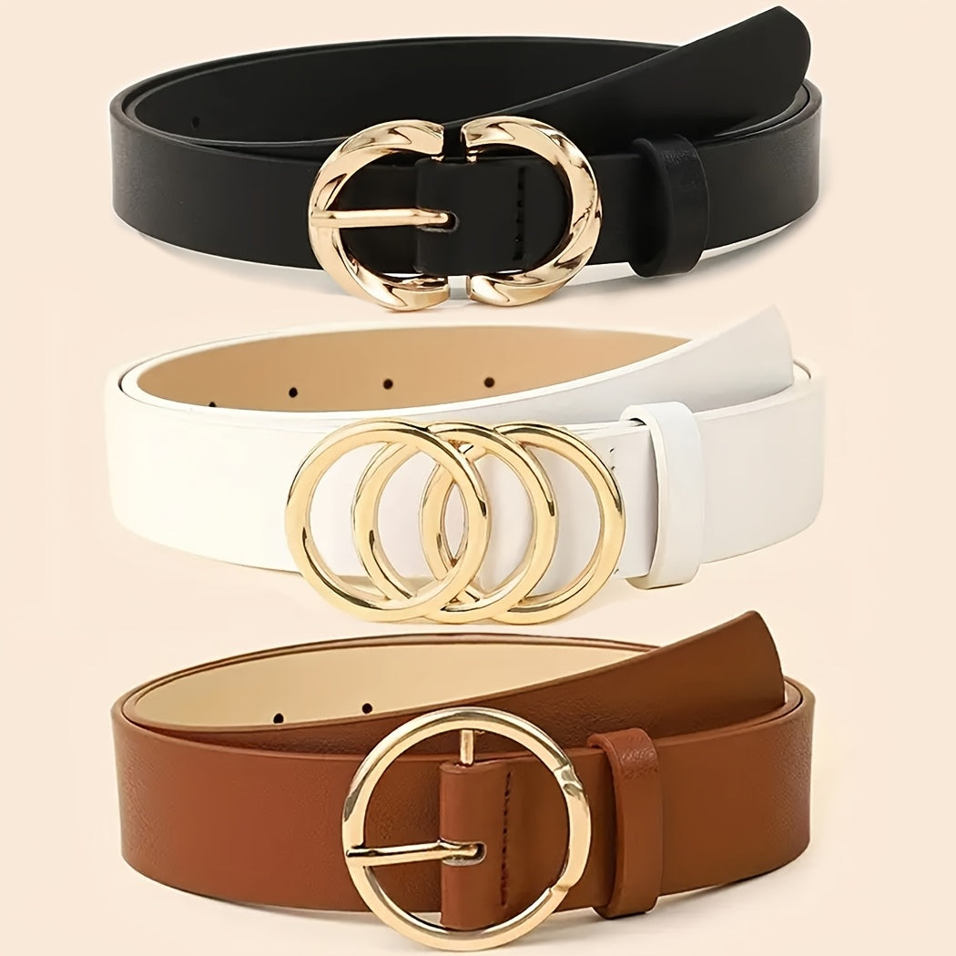 Um conjunto de três cintos minimalistas e elegantes para mulheres, cintos clássicos para jeans e vestidos, com um design que inclui três, dois e um fecho de metal, cintos de cor sólida elegantes, perfeitos para acessórios de cintura no dia a dia.