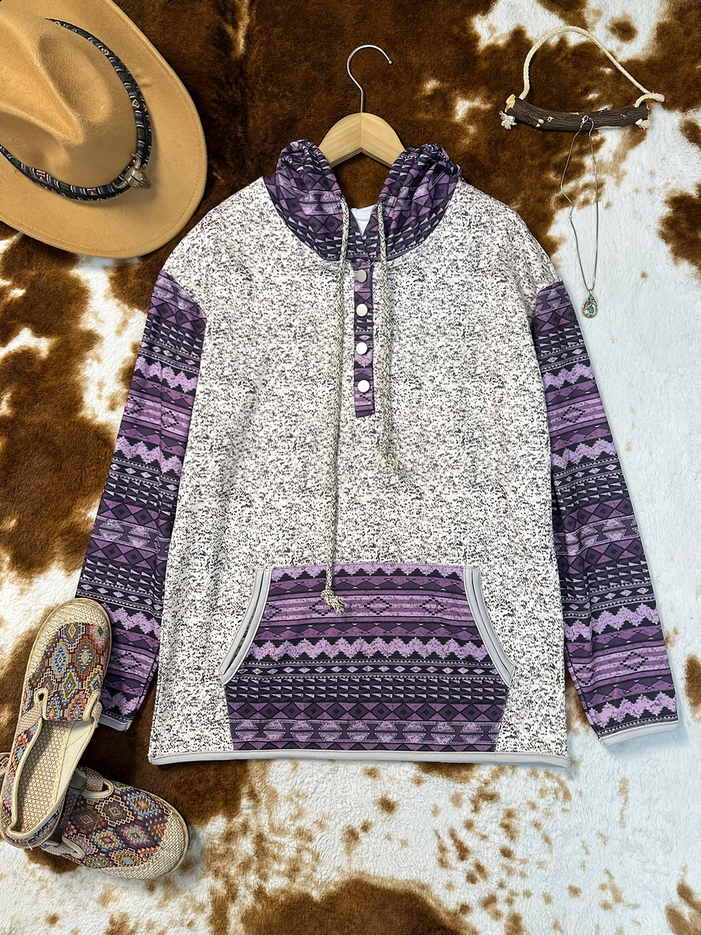 Moletom Feminino Estilo Bohemian Ocidental com Capuz - Blusa Casual de Botões Retro, Cinza e Azul para Todas as Estações, Lavável na Máquina, Conforto Diário, Tecido Texturizado, Chic Rústico