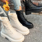 Botas de tornozelo com atacadores de inverno para mulheres com fecho lateral - Fácil de calçar/descalçar, sola de PVC antiderrapante, bico redondo e salto plano - Botas elegantes pretas e brancas para o dia a dia, escritório, eventos formais - Calçado para o frio para mulheres, botas de inverno para senhoras, calçado para o dia a dia, design de botas elegante, sola de PVC durável, vestuário de escritório, calçado elegante, forro confortável, mulheres conscientes da moda