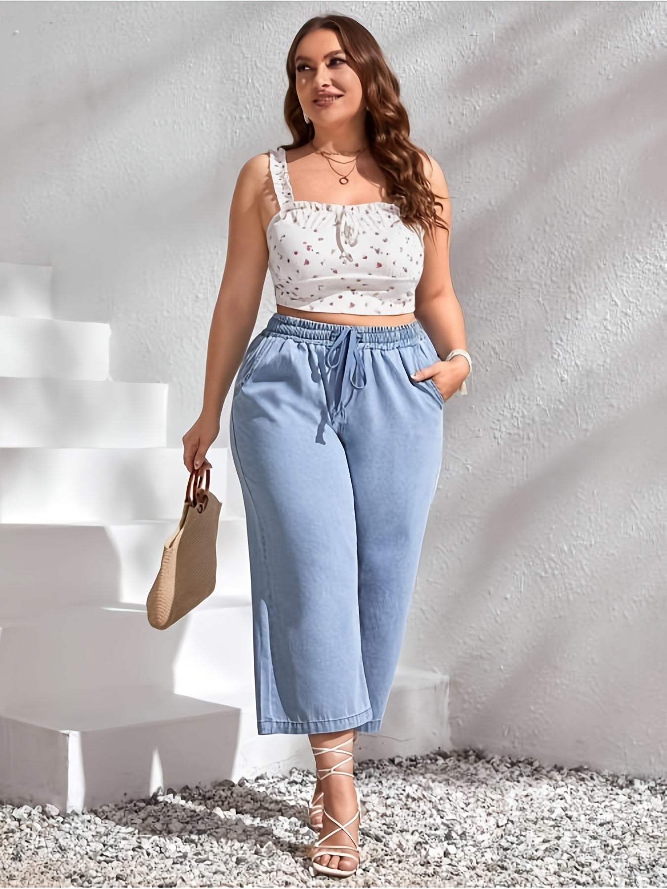 Calças de ganga largas de tamanho grande para mulheres com cintura ajustável - Estiramento médio, cor sólida, ajuste confortável para todas as estações, roupa casual | Calças de estilo casual | Tecido elástico