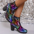  Botas de Tornozelo Chiques para Mulheres com Lantejoulas Coloridas - Respiráveis, com Cadarço e Salto Grosso para a Moda de Inverno