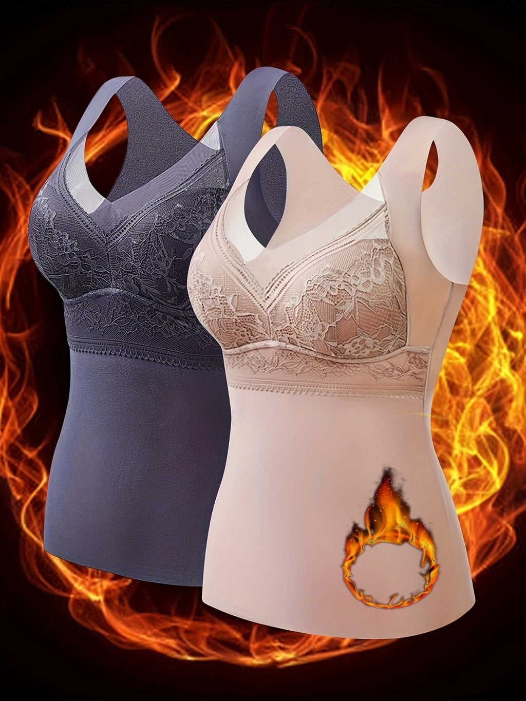 Conjunto de 2 Tops de Camisola Térmica de Veludo para Mulher com Soutien Incorporado, Elegante Top de Alças com Decote em V de Renda, Camisola Modeladora Quente de Inverno Forrada a Pelúcia sem Mangas - Preto & Bege