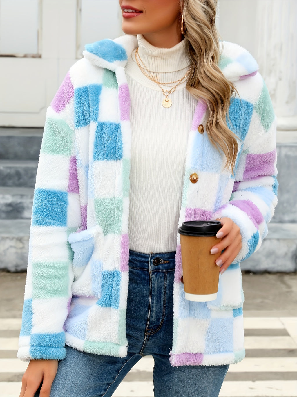 Casaco Teddy com Estampa Xadrez e Bolsos Remendados, Sobretudo de Inverno com Mangas Longas e Fechamento Único, Roupas Femininas